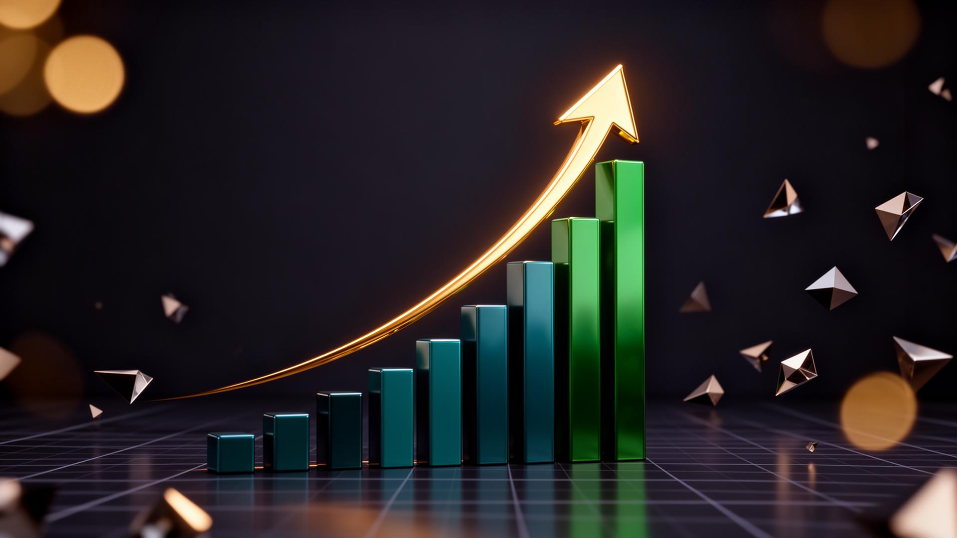 Editorial 3D render of a golden growth arrow rising over emerald revenue bars